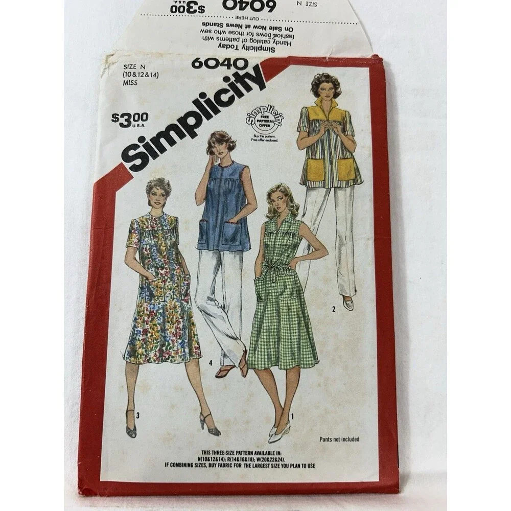 Vintage 80s Simplicity 6040 Smock Dress Top Sewing Pattern Cut Complete Retro